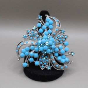 Modern Silver Tone Brooch 2" Blue Bead & Rhinestone Starburst Spray – Unmarked